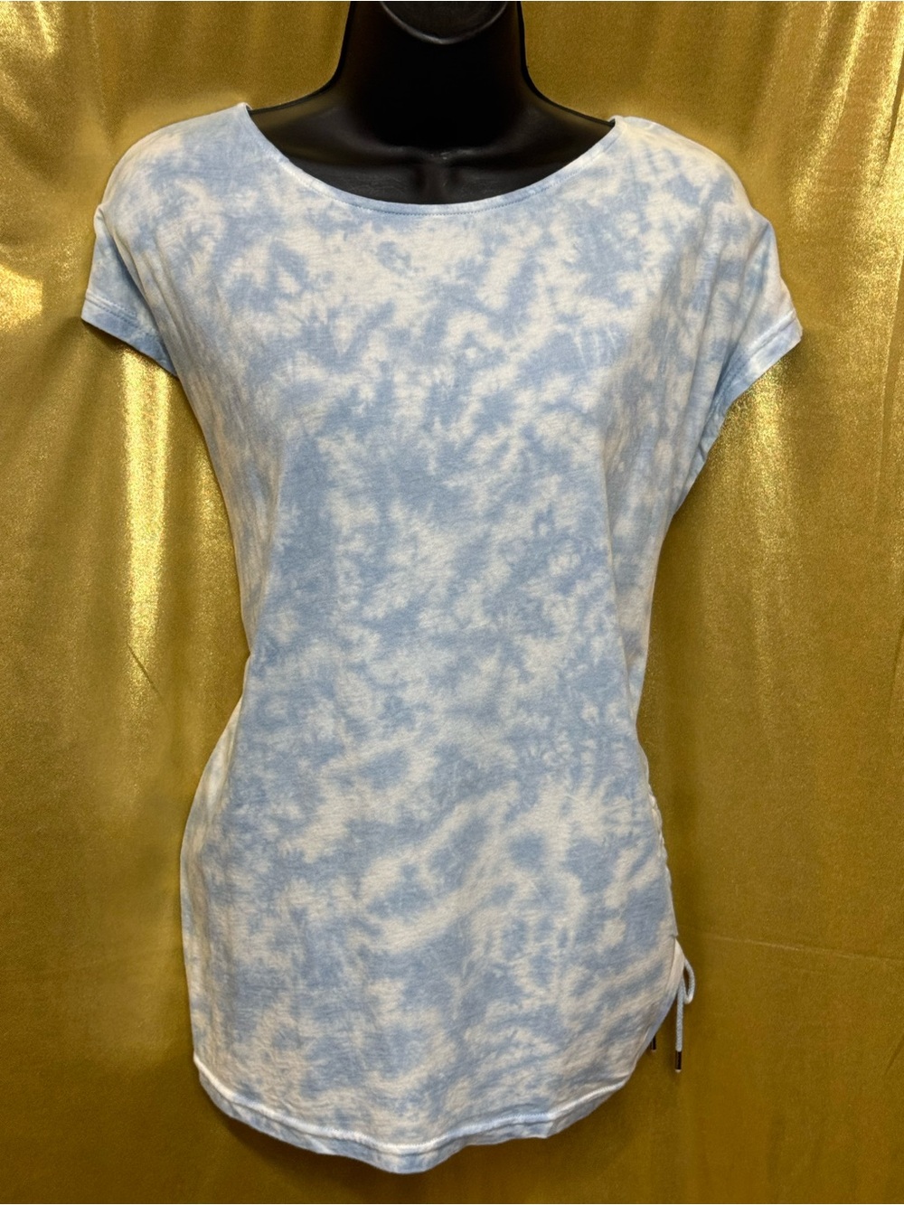 Chaps Blue Tie Dye Side Cinch T-Shirt Large Cotton Modal Cap Sleeve Tee 🌀